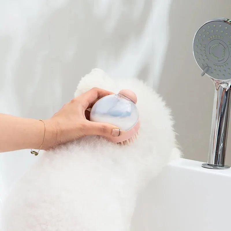 Pet Bath Brush with Shampoo Dispenser – Soft Silicone Grooming & Massage Brush